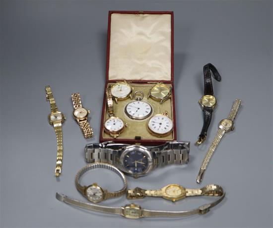 A 14k fob watch, a 9ct wrist watch, a Swiss silver fob watch and other assorted wrist watches.